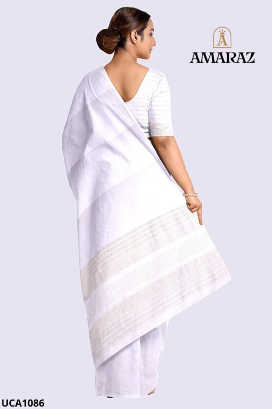 White Handloom Cotton Saree UCA1086 - Image 2