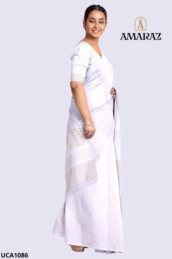 White Handloom Cotton Saree UCA1086 - Image 3