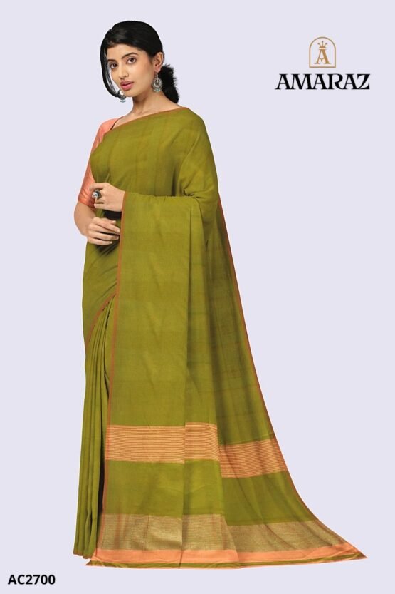 Green Handloom Cotton Saree AC2700 - Image 2