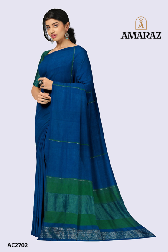 Blue Green Handloom Cotton Saree AC2702 - Image 2