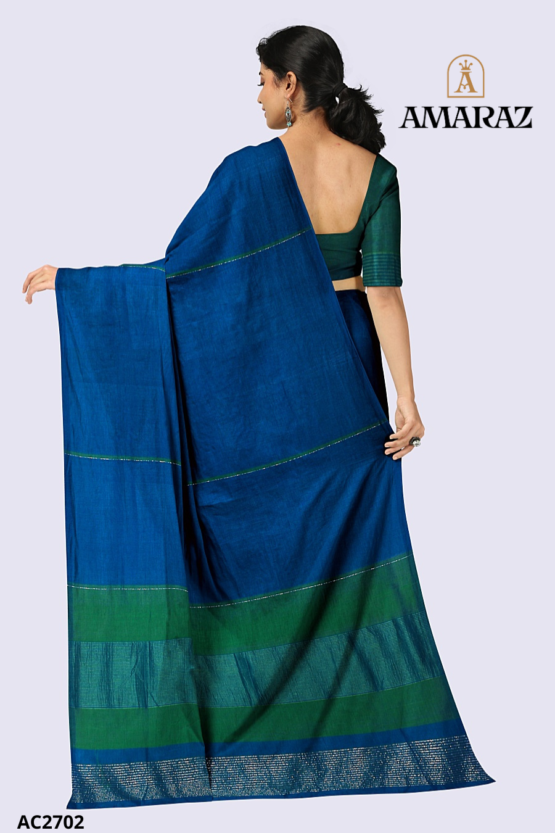 Blue Green Handloom Cotton Saree AC2702 - Image 4