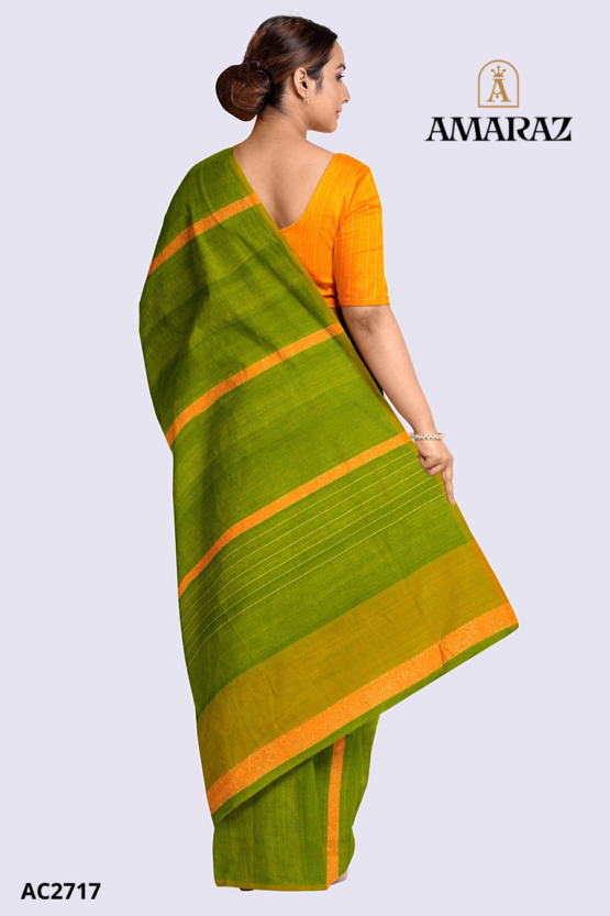 Green Orange Handloom Cotton Saree AC2717 - Image 2