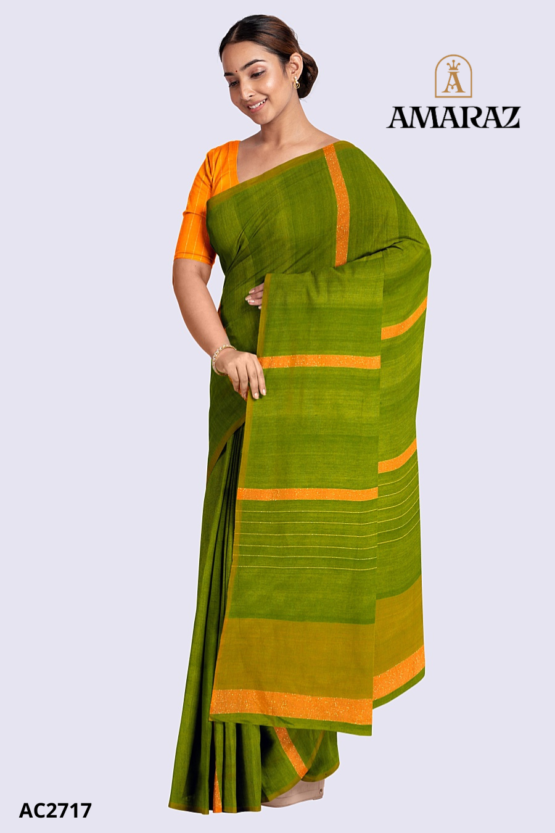 Green Orange Handloom Cotton Saree AC2717 - Image 3