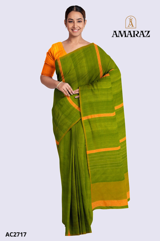 Green Orange Handloom Cotton Saree AC2717